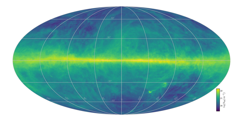 Brighter regions represent more total hydrogen content. (Image: Benjamin Winkel and the HI4PI collaboration)